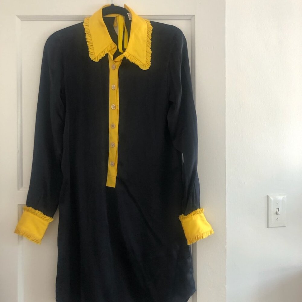 Bill Blass Navy and Gold / Yellow Silk Shirtdress - XS